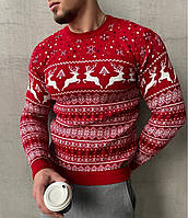 Мужской зимний свитер с оленями теплый без воротника красный снежинка. Живое фото