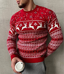 Чоловічий зимовий светр із оленями теплий без коміра червоний сніжинка. Живе фото