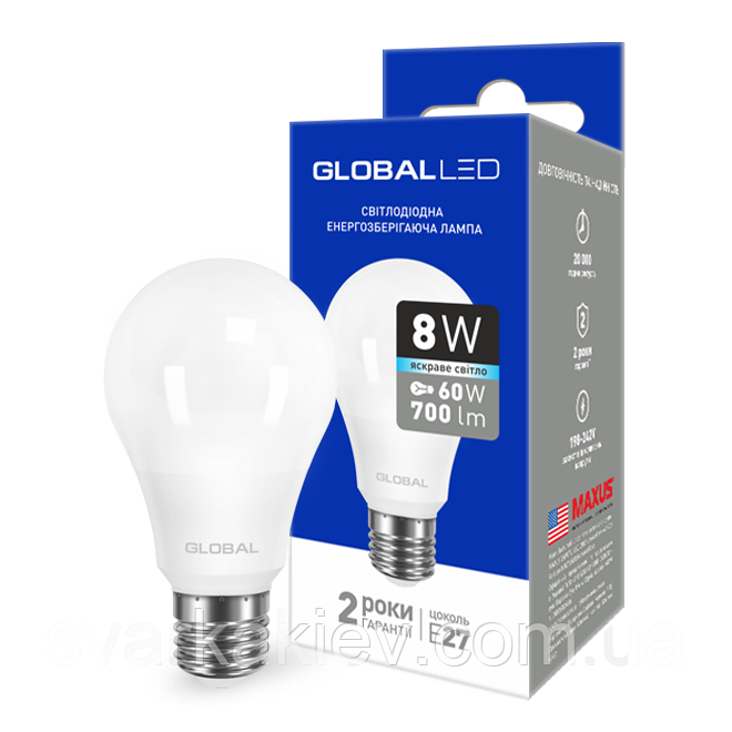 LED-лампа GLOBAL A60 8W яскраве світло 220 V E27 AL (1-GBL-162)