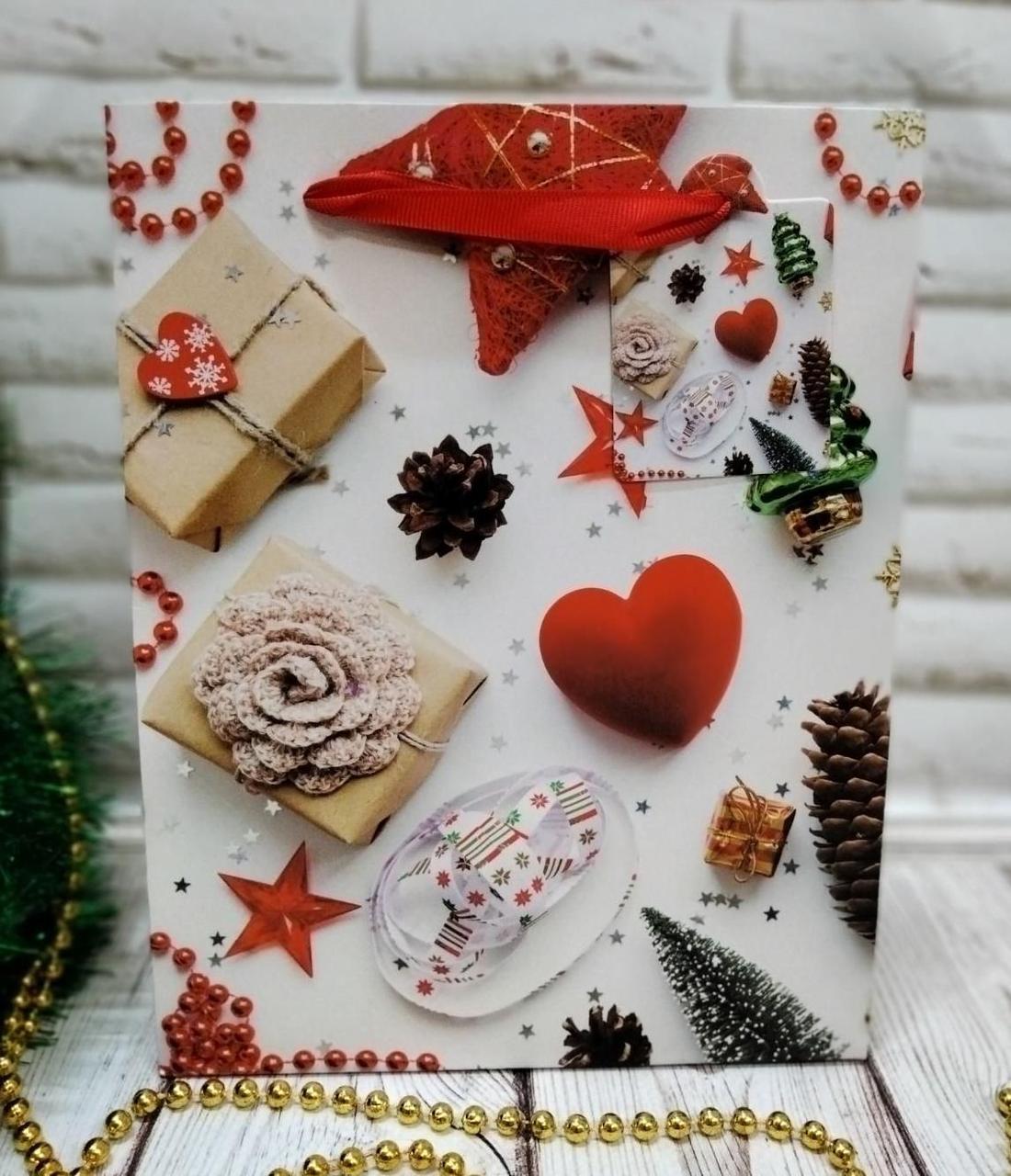 Новорічний пакет 3D середній із блискітками, фото 1