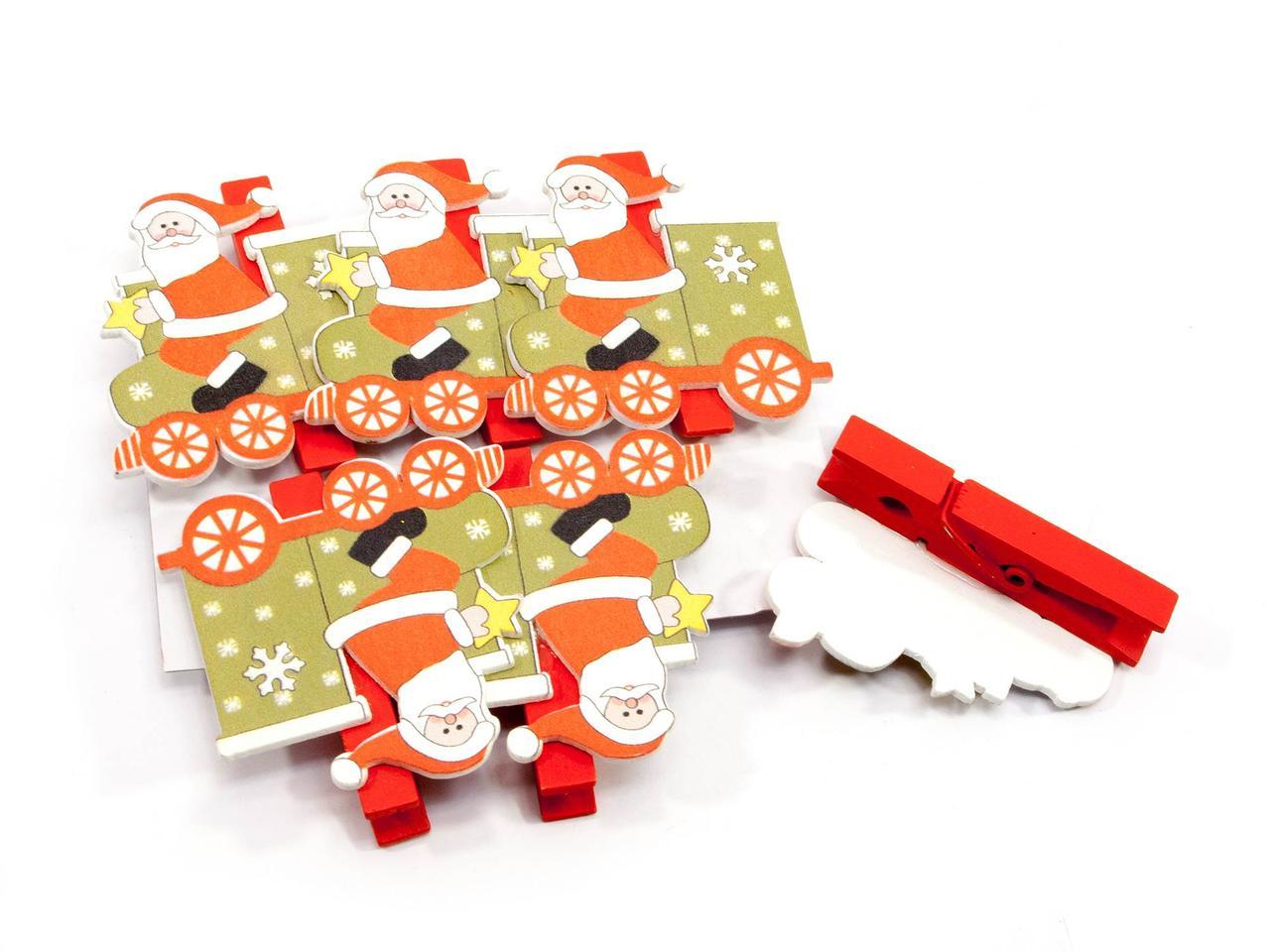 Прикраси "Дед мороз на потягу" прищіпка дерево (н-р 6 шт) ЦЕНА ЗА НАБОР, фото 1