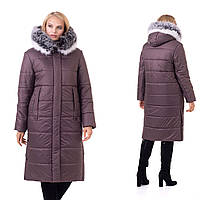 Жіноча зимова подовжена курток-пуховик жіночий. Жіноче зимове пальто з хутром Р- 46-58 колір шоколад