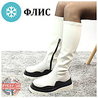Женские евро зимние ботинки Bottega Veneta White High на флисе, высокие белые кожаные сапоги боттега венета