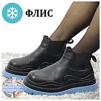 Жіночі євро зимові черевики Bottega Veneta Chelsea Black Low на флісі, низькі чорні шкіряні чоботи боттега венета челсі короткі