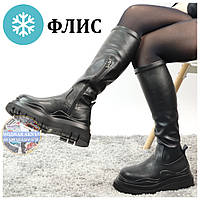 Жіночі євро зимові черевики Bottega Veneta Black High на флісі, високі чорні шкіряні чоботи боттега венета