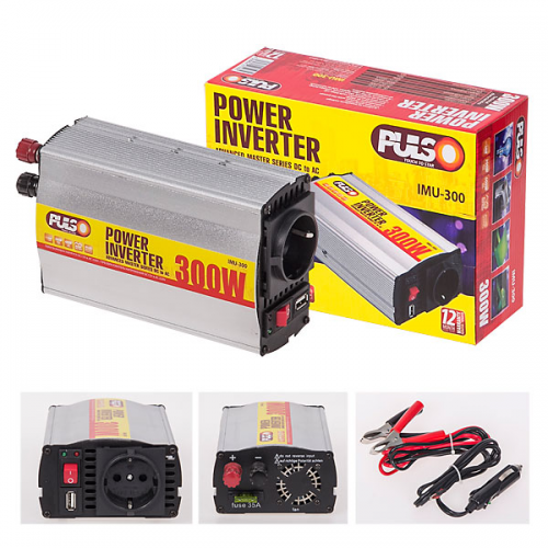 Перетворювач напруги 12V-220V/300W/USB-5VDC0.5A/клеми /прикур.Pulso IMU-300