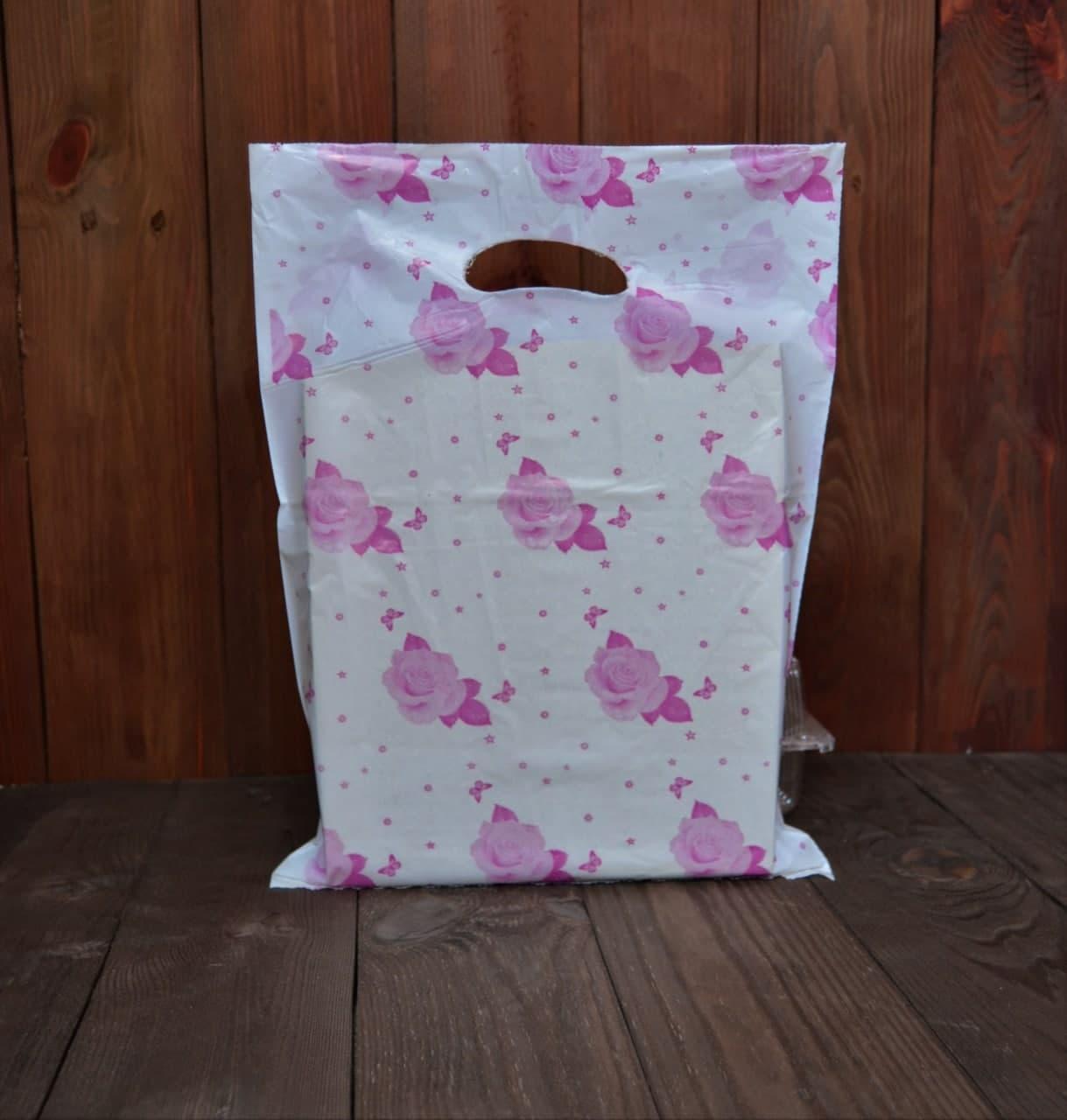 Пакет з прорізною ручкою 25см 35см Трояндочки (100 шт), фото 1