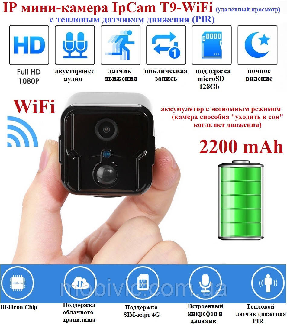 Мінікамера IpCam T9-WiFi (вдалений перегляд), тепловий датчик руху — ОРИГИНАЛ!