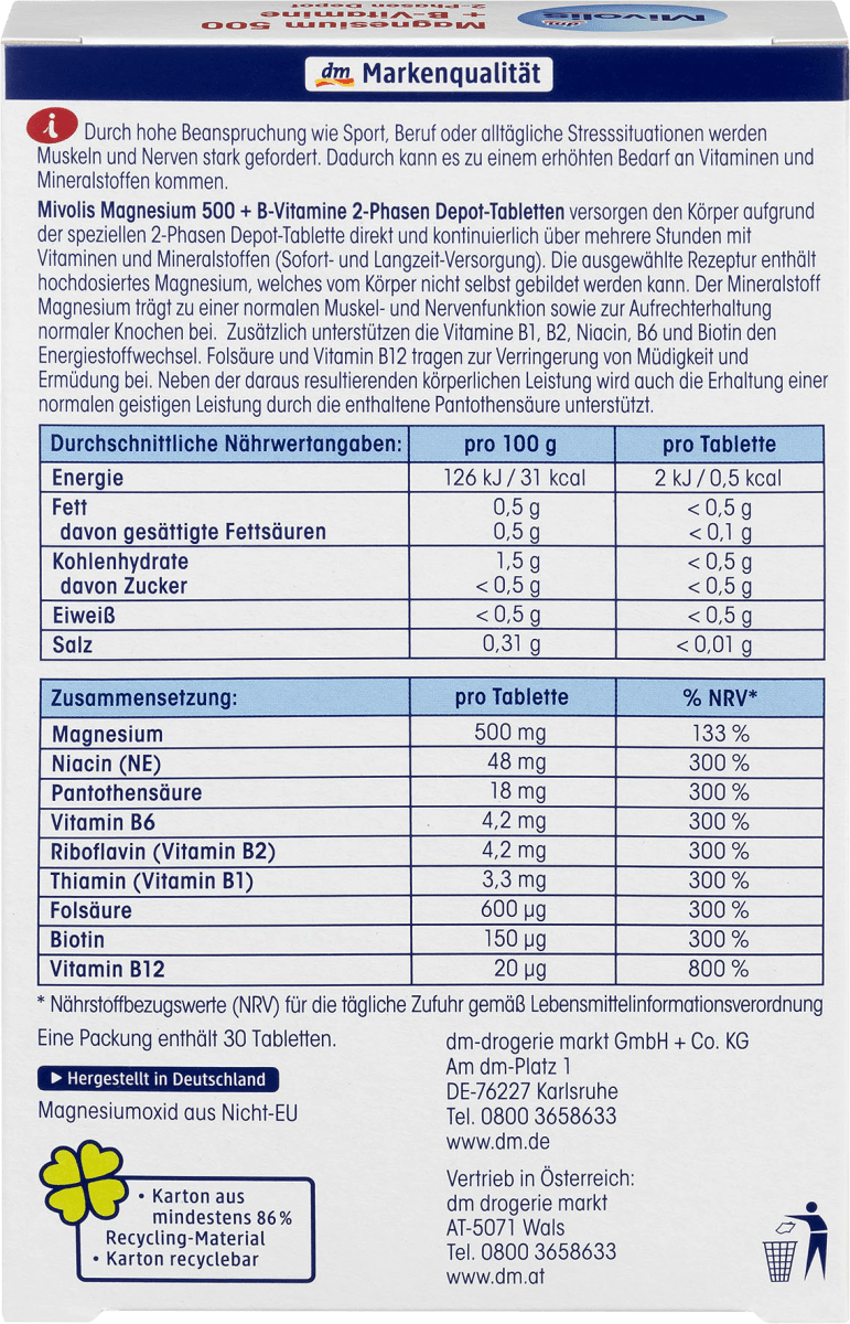 Биологически активная добавка Mivolis Magnesium 500 + B-Vitamine 2-Phasen Depot, 30 шт. - фото 3 - id-p1521438085