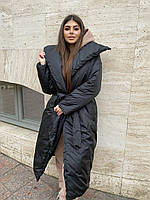 Зимова,подовжена куртка-ковдра з поясом, на запах ,жіноча,розмір:універсальний:42-46 Чорний
