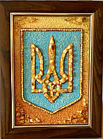 Картина панно з бурштину Герб України 15x20 см, Картина з бурштину Герб України
