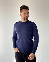 Мужской тонкий свитер хлопок и шерсть, джемпер однотонный синий с круглым вырезом для мужчин