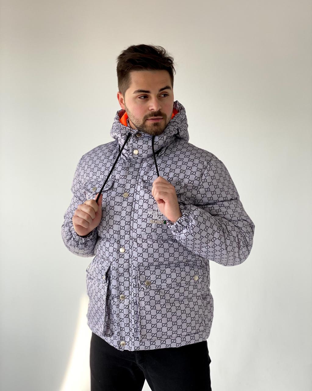 Чоловіча куртка The north face Gucci TNF пуховик сірий розміри L