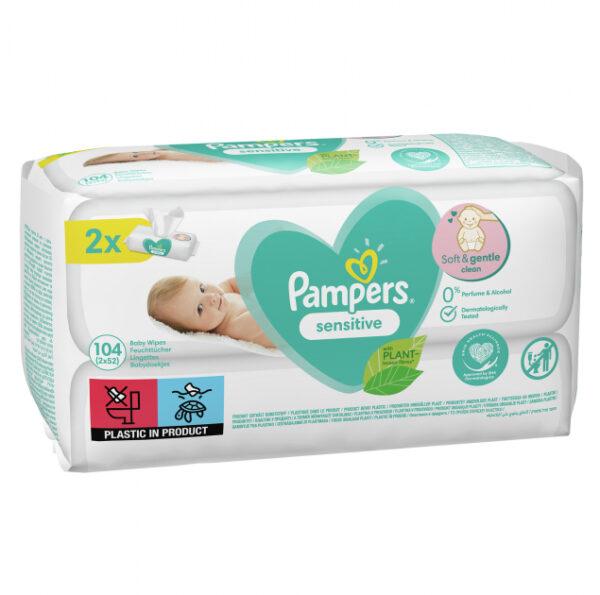 Дитячі вологі серветки Pampers Sensitive 104 шт (2*52 шт) памперс сенсатив, фото 1