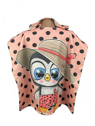 Рушник пончо бавовняний з капюшоном пляжний для дітей Пінгвін рожевий, фото 2
