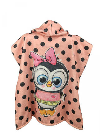 Рушник пончо бавовняний з капюшоном пляжний для дітей Пінгвін рожевий, фото 2