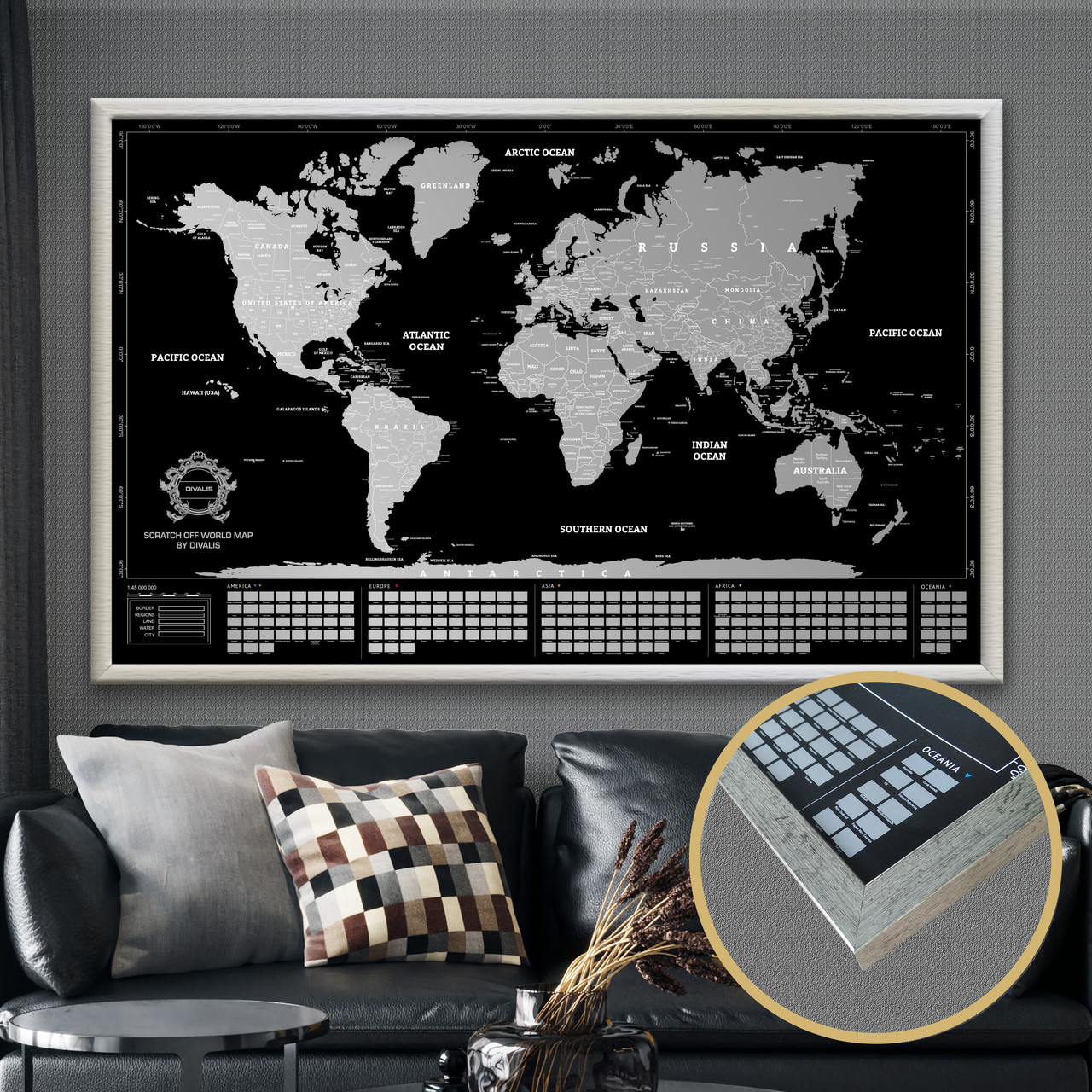 Скретч Карта Світу в Рамці Велика Карта Подорожей в Рамі Чорна зі Сріблом на Стіну з Рамкою Divalis