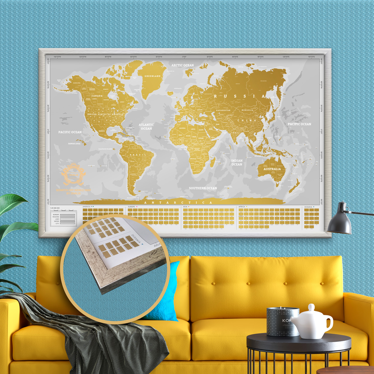Скретч Карта Світу в Рамці Велика Карта Подорожей в Рамі Біла c Золотом на Стіну з Рамкою Divalis