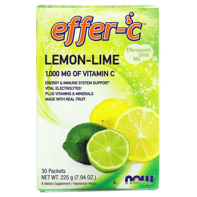 Effer-C Effervescent Drink Mix Lemon-Lime Now Foods 30 пакетиків, фото 1