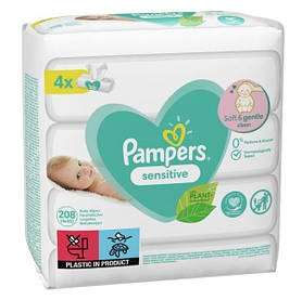 Дитячі вологі серветки Pampers Sensitive 208 шт (4*52 шт) памперс сенсатив