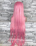 Перука рожева пряма без чубчика з проділом жіноча для жінок 100см зі штучного волосся, фото 2