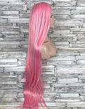 Перука рожева пряма без чубчика з проділом жіноча для жінок 100см зі штучного волосся, фото 4