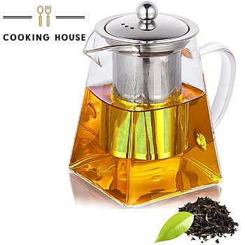 Скляний чайник заварник Cooking House 750 мл -прозорий заварник із фільтром для чаю та металевою кришкою.