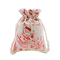 Мішечок для цукерок на Новий рік з бежевої мішковини з принтом Діда Мороза 14*10 см