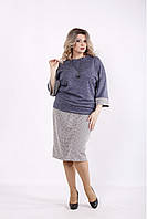 Костюм серый женский трикотажный:офисный комфортный блузка и юбка большого размера 68-70