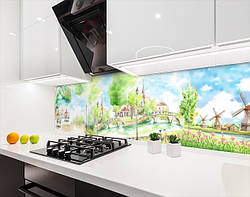Кухонна плитка на кухонний фартух пейзажі міські рисовані, з двостороннім скотчем 62 х 205 см, 1,2 мм