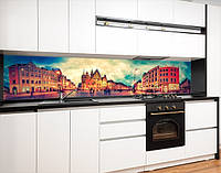 Панель на кухонный фартук жесткая старинные улочки, на двухстороннем скотче 68 х 305 см, 2 мм