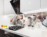 Кухонная плитка на кухонный фартук чашки кофе с молоком, с двухсторонним скотчем 62 х 205 см, 1,2 мм