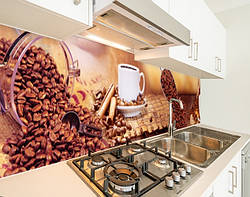 Панель на кухонний фартух під скло кавові зерна з чашками, з двостороннім скотчем 62 х 205 см, 1,2 мм