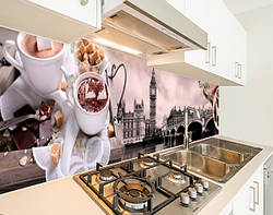 Панель на кухонний фартух під скло ранкова кава, з двостороннім скотчем 62 х 205 см, 1,2 мм