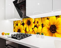 Кухонна панель на стіну жорстка квіти жовті, з двостороннім скотчем 62 х 205 см, 1,2 мм