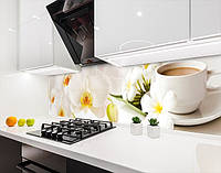 Кухонный фартук заменитель стекла орхидеи с кофе, с двухсторонним скотчем 62 х 205 см, 1,2 мм
