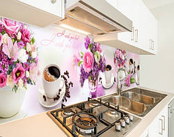 Кухонний фартух замінник скла квіти та чашка кави, з двостороннім скотчем 62 х 205 см, 1,2 мм