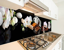 Панель на кухонний фартух жорстка орхідеї та чашки кави, з двостороннім скотчем 62 х 205 см, 1,2 мм