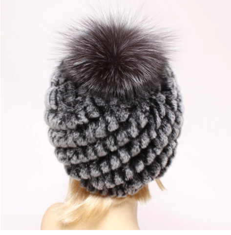 Сіра жіноча шапка з хутра кролика рекс з бубоном пампоном з чорнобурки, фото 1