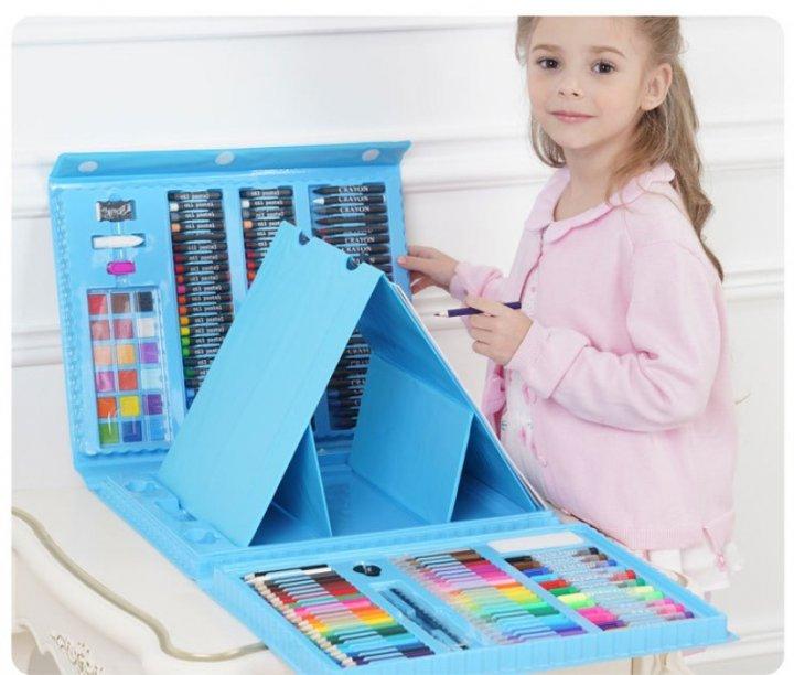 Дитячий набір для малювання з мольбертом MK 4533-4 на 208 предметів Блакитний, фото 1