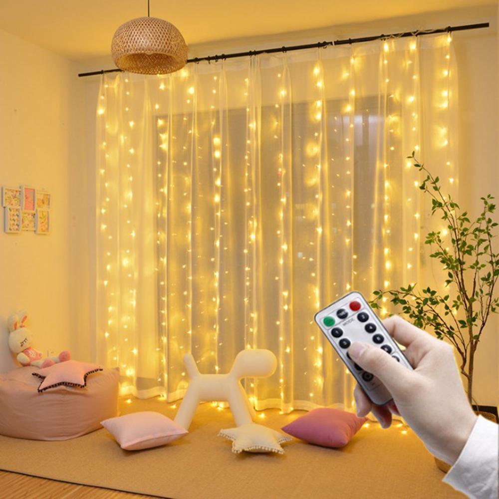 Гірлянда Штора на дроті Крапля роси 3 х 2,5 м 425 LED з пультом та USB, 17 ниток, Теплий білий