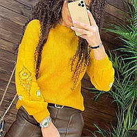 Женский свитер вязка жёлтый с вставкой сеткой на рукавах плотный мягкий трикотаж рубчик хорошего качества