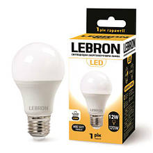 LED лампа Lebron L-A60, 12W, Е27, 4100K, 1050Lm, кут 240 °