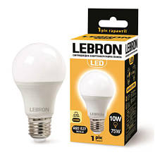 LED лампа Lebron L-A60, 10W, Е27, 3000K, 850Lm, кут 240 °