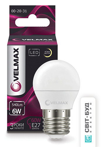LED лампа Velmax V-G45, 6W, E27, 3000K, 540Lm, кут 220 °