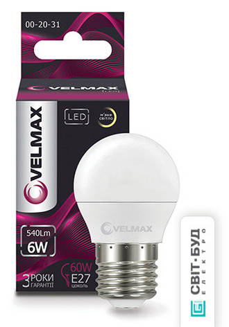 LED лампа Velmax V-G45, 6W, E27, 3000K, 540Lm, кут 220 °, фото 1