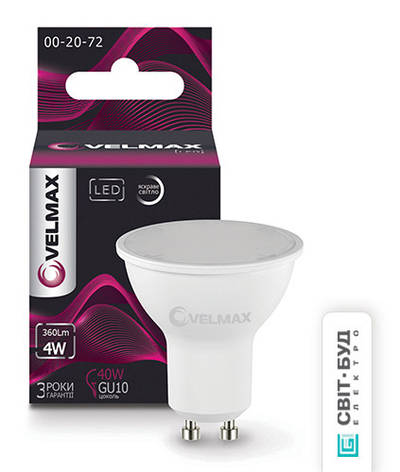 LED лампа Velmax V-MR16, 4W, GU10, 4100K, 360Lm, кут 120 °, фото 1