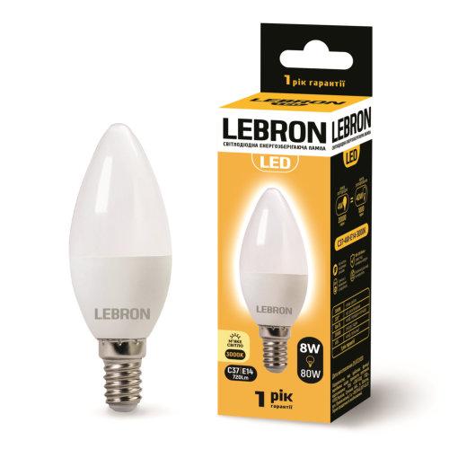 LED лампа Lebron L-С37, 8W, Е14, 3000K, 700Lm