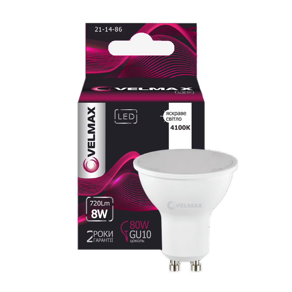 LED лампа VELMAX V-MR16, 8W, 220V, GU10, 4100K, 720Lm
