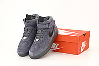 Зимние мужские кроссовки Nike air force High grey Suede Обувь Найк Аир Форс серые высокие на меху замшевые